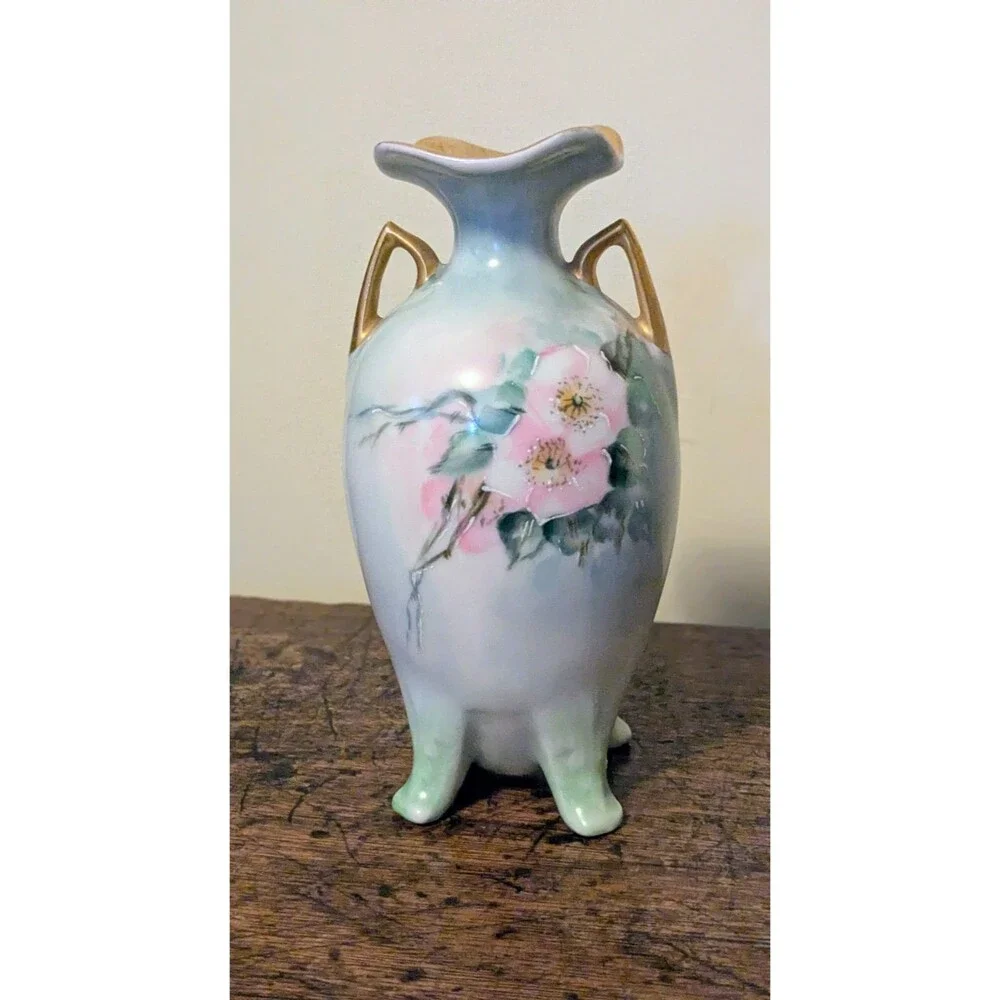 Antique Hand Painted Porcelain Footed Vase - Pink Wild Roses & Gold Gilt 6